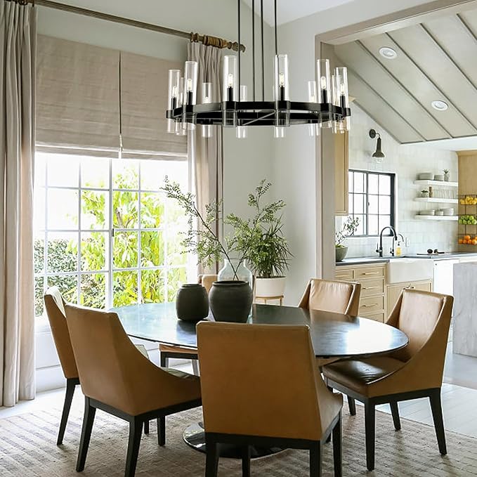 12 Light Black Round Chandelier 36'' Wagon Wheel Chandeliers for Dining Room Light Fixture Clear Glass Tube Chandelier Modern Farmhouse Chandeliers for Living Room Bedroom, Bulb Included