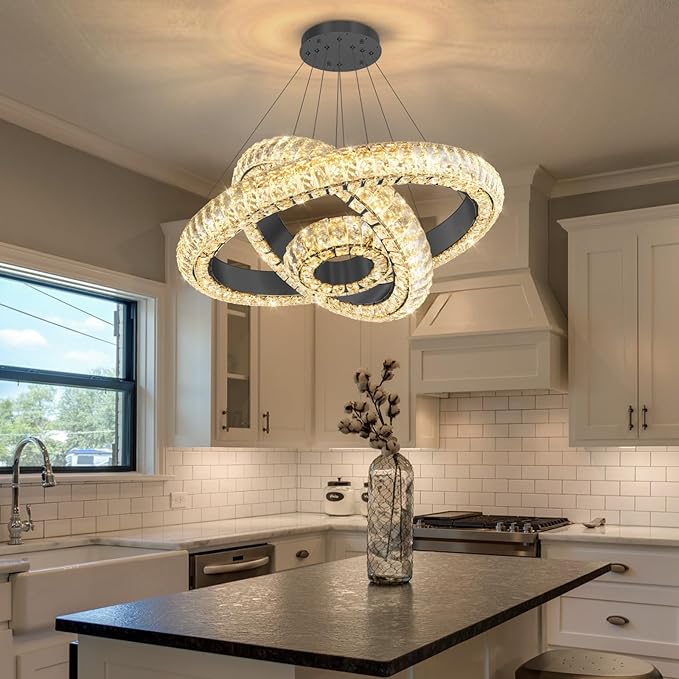 23.6" 3 Ring Crystal Chandelier Modern LED Dimmable Ring Pendant Light Round Chandelier for Dining Room Living Room Black