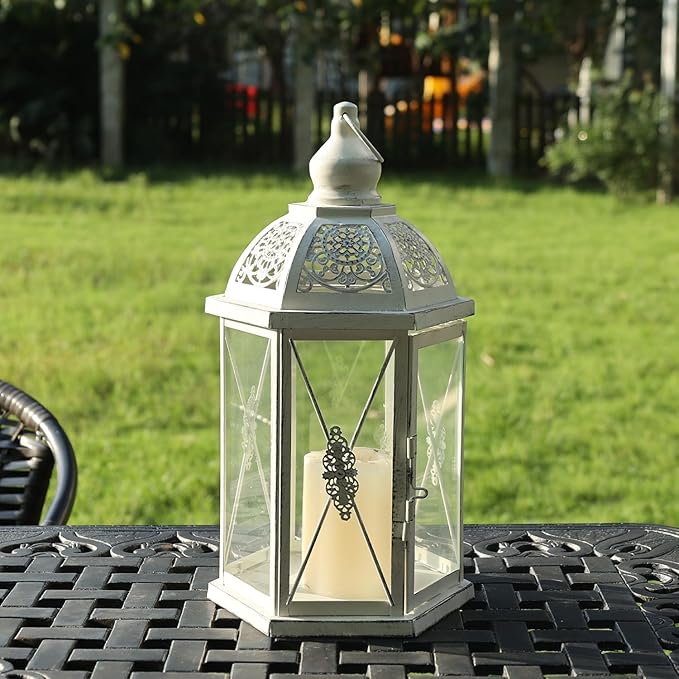 DECORKEY Lantern Decorative Indoor & Outdoor, 14.5'' Candle Lantern Farmhouse Home Decor, Hexagon Vintage Hanging Metal Candle Holder for Front Porch Shelf Patio Wedding Party, Christmas Decorations
