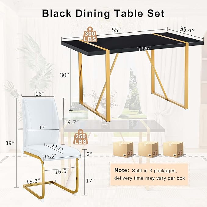 Black Dining Table Set for 6, 55" Dinner Table Set for 6, 1.5" Black Glossy Wood Tabletop with Gold Metal Legs, Modern Kitchen Table Set with 6 Bow-legged Faux Leather Chairs for Dining, Small Space