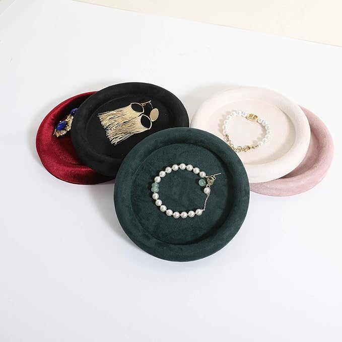 GemeShou Round Jewelry Organizer plate, Top Microfiber velvet Jewerly display tray, Empty Jewelry showcase tray for Necklace Bracelet Ring Earring display stand holder (Green-Small, 5.9 x 5.9 in)
