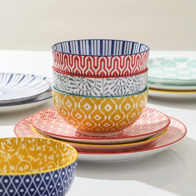 Selamica Ceramic Dinnerware Sets for 6, 18 Pieces Plates and Bowls Set, Scratch Resistant Dishes Set, Dishwasher&Microwave Safe, Assorted Colors