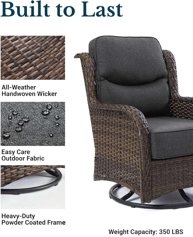HILLGA Luxury Patio Furniture Set with 6-inch Thick Cushion, Outdoor High Back Swivel Rocker Patio Chairs, 3PCS Wicker Conversation Set for Deck Yard and Poolside, Dark Grey (V2)