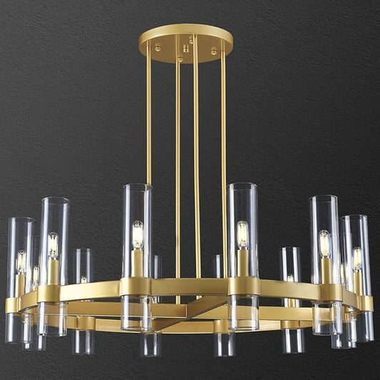 Knurldon12 Light Brass Round Chandelier 36" Wagon Wheel Chandeliers for Dining Room Light Fixture Clear Glass Tube Chandelier Modern Farmhouse Chandeliers for LivingRoom Foyer, Bulb Included