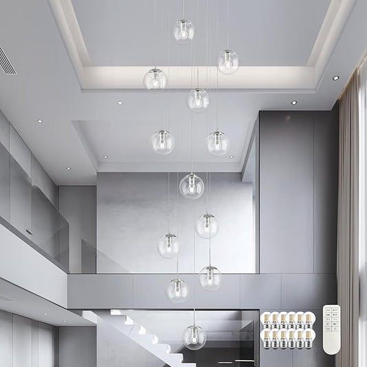 KoKo&Yukina 12-Light Nickel Mid Century Modern Chandelier for Living Room Staircase Chandelier for Entryway Clear Globe Glass Chandelier High Ceiling Chandeliers Foyer Entryway (Bulb & Remote Incl.)