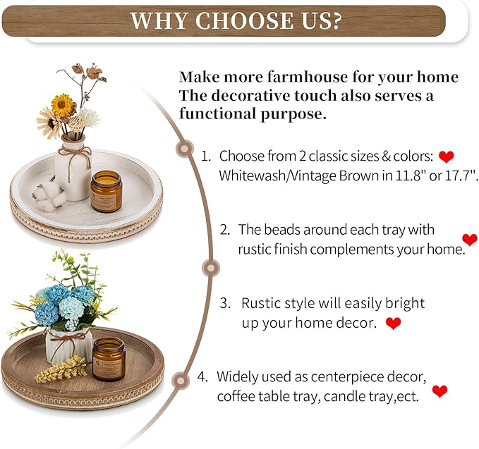 Hanobe Decorative Serving Tray Wood: White Washed Bead Round Tray Decor for Coffee Table Rustic Wooden Trays Farmhouse Centerpiece for Living Room Kitchen Counter