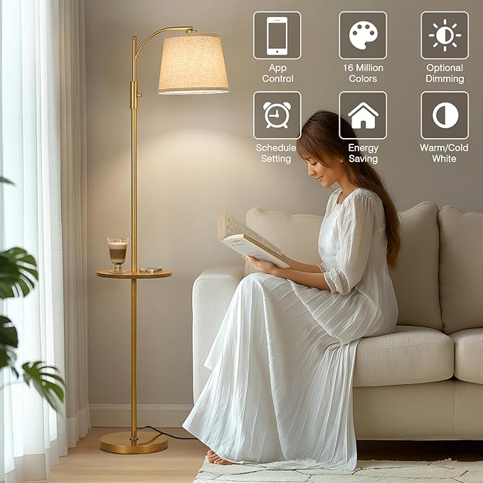 AIDENOEY Smart Floor Lamp with Side Table | Stepless Dimming, RGB Multi-Color | Adjustable Swivel Head | Voice Control with Alexa & Google Assistant |Golden Lamp for Living Room,Bedroom,Home Office
