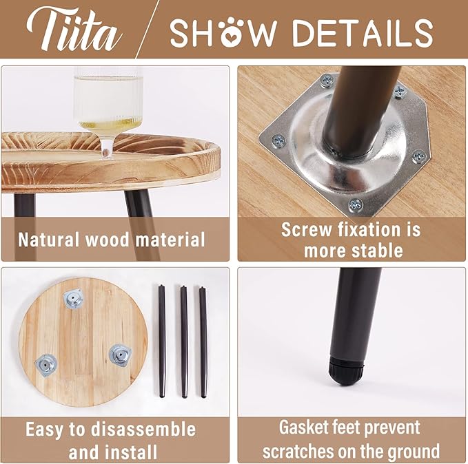 Tiita Round End Table Mental Side Table Nightstand/Small Wood Tables Accent Coffee Table with Wooden Tray for Living Room Bedroom Office Small Space