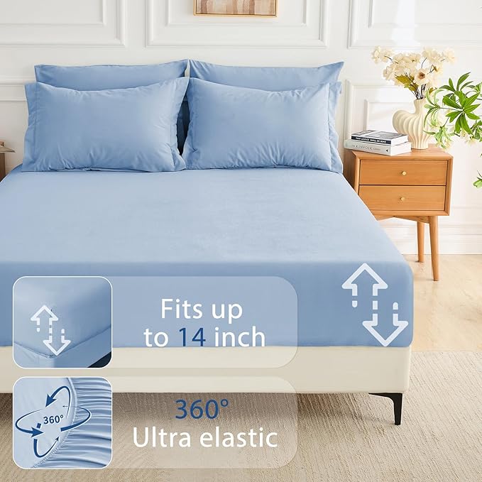 MUXHOMO 7 Pieces King Comforter Set, Soft Bed in a Bag King Size, All Season Bedding Set with Comforter, Flat Sheet, Fitted Sheet, Pillowcases & Shams, Greyish Blue