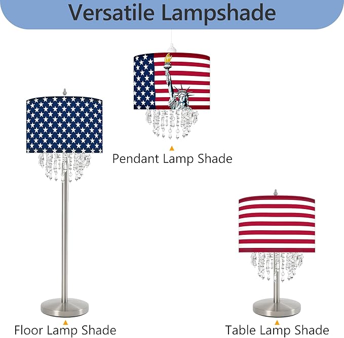 Star Vision Patriotic Fabric Lampshade with Beaded Droplets, American Flag & Statue of Liberty Design Light Shade for Pendant, Table, Wall & Floor Lamps, 4th of July Decor, Vintage Americana Lighting