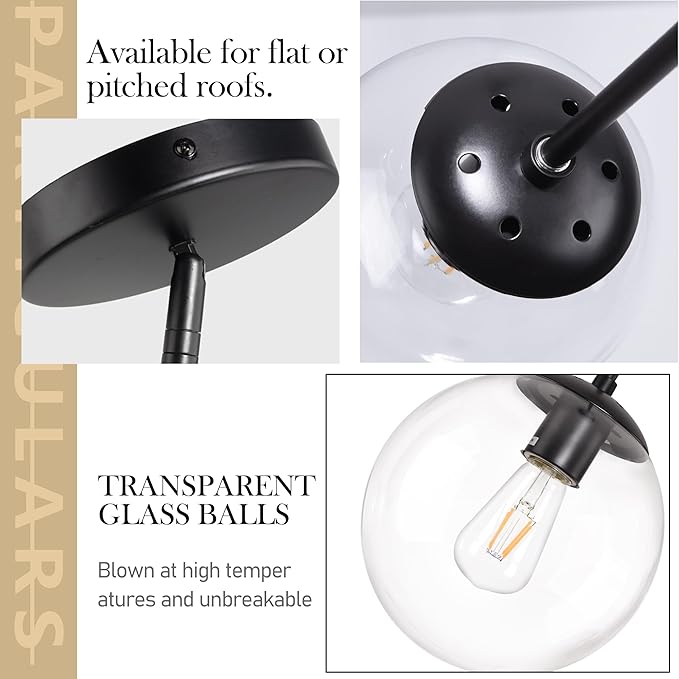 10 Inch Globe Pendant Light Black Mid Century Pendant Light Contemporary Globe Pendant Lights Clear Glass Pendant Lights Adjustable Hanging Light Fixture Clear Glass with Black Finish for Dining Room