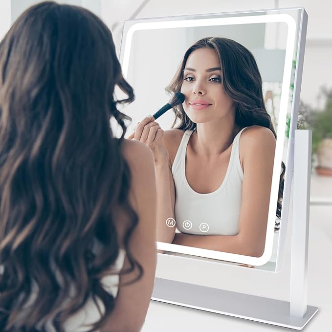 Hollywood Vanity Mirror with Lights, Lighted Makeup Mirror with Detachable 10X Magnification Mirror, 3 Colors, 360°Rotation Rechargeable Desk Makeup Mirror with Lights White