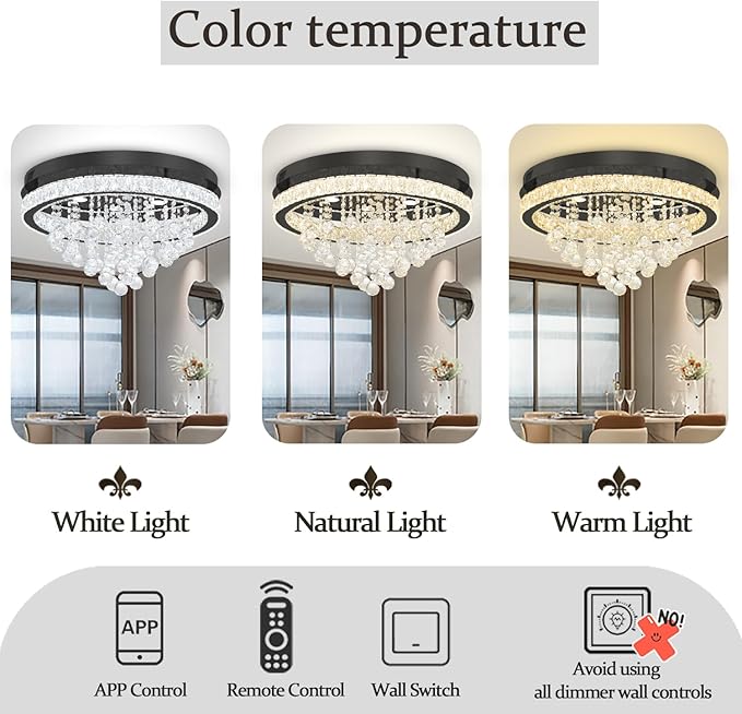 24" Modern Crystal Chandeliers for Dining Room Black Ceiling Chandelier Flush Mount Crystal Ceiling Light for Bedroom Living Room Hallway