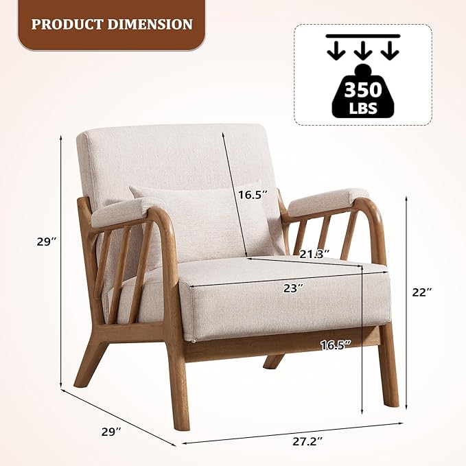 ANJ Mid Century Modern Accent Chair，Living Room Chairs with Wood Frame &Lumbar Pillow, Upholstered Reading Armchair for Bedroom
