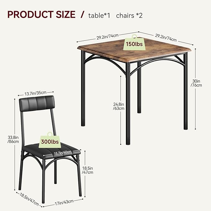 GAOMON Dining Table Set for 2, Kitchen Table with Upholstered Chairs for 2, Small Dining Room Table Set, Square Kitchen Table Set for Small Space, Apartment, Home, Studio, Rustic Brown