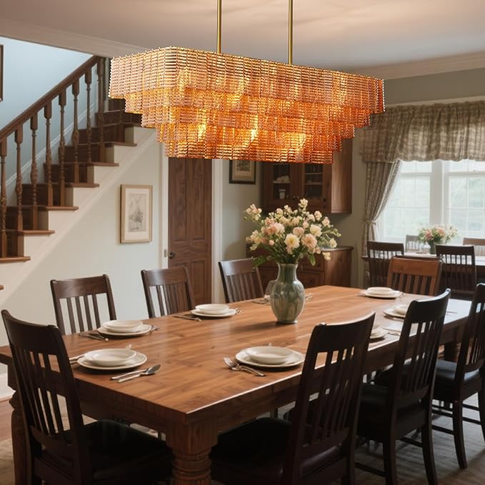 Rectangular Large Chandelier for Dining Room, 59" Amber Glass Pendant Light Fixture Over Kitchen Island, Linear Chandelier with Adjustable Height, Gold Chandeliers for Dining Table & Living Room