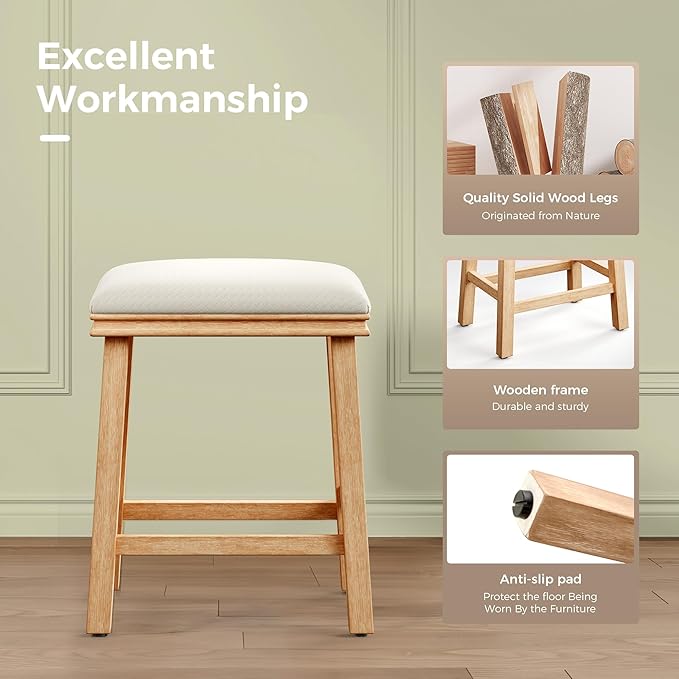 MAISON ARTS Off White Counter Height 24 inch Bar Stool for Kitchen Counter Solid Wood Leg with Faux Leather Padded Seat Farmhouse Barstool for 34"-38" Counter Island Upholstered Stool
