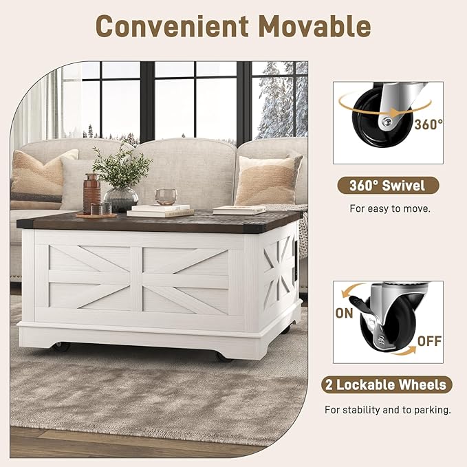 36" Farmhouse Movable Lift Top Coffee Table with Storage and Power Outlets, Square Wood Living Room Tables with Wheels&Large Hidden Space, Lift Wooden Barn Door Center Table, White
