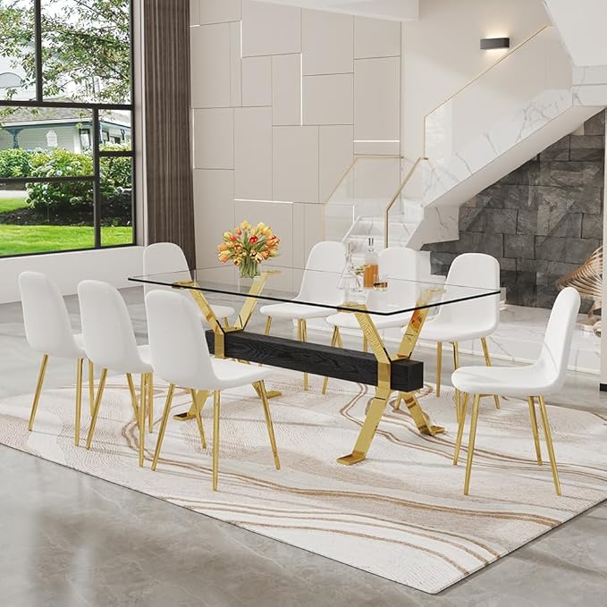 71'' Glass Dining Table Set for 8,9 Piece Dining Table Set with Open‑Frame X‑Shaped Golden Metal Base,Gold Kitchen Table and Chairs Ideal for Dining Room&Home Office