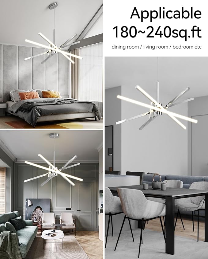 Modern Sputnik Chandelier Ceiling 82W LED Chrome Pendant Light Embedded Mount Chandeliers Dining Room Light Fixtures Over Table Dimmable with Remote Control for Living Room Kitchen Bedroom (Chrome)
