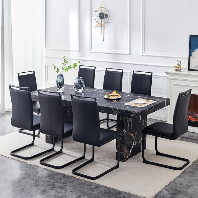 79" Marble Dining Table Set｜Modern Dining Table Set with 8 Faux Leather Chairs｜Engineered Wood with Marble Pattern Tabletop｜Widened and Stable Tablelegs｜Easy Assembly
