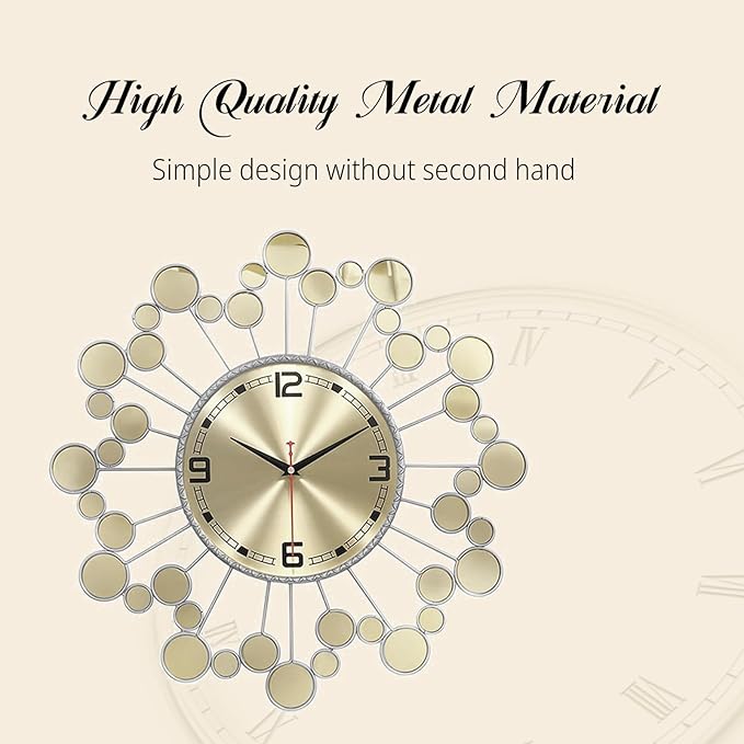 Wall Clock 22.8 Inch Silver Starburst - Silent Non-Ticking Battery Operated Large Round Sunburst Clock for Living Room, Bedroom, Kitchen, Office - Elegant Home Decor Wall Watch