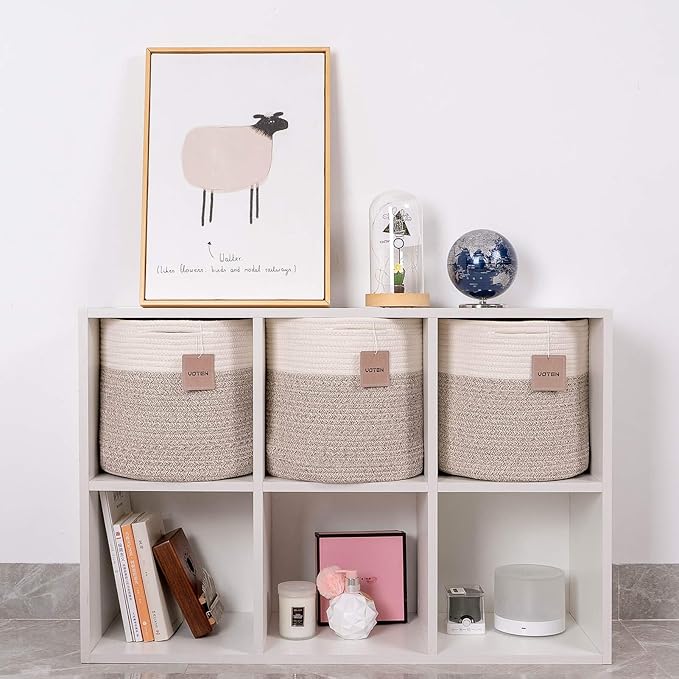 voten Storage Cubes Baskets Bins Organizer 11x11x11'' Fit 12x12''Cube Storage Organizer Bookcases Shelves,Durable Woven Cotton Storage Basket for Organizing,Round 3Pack Off White/Light Brown