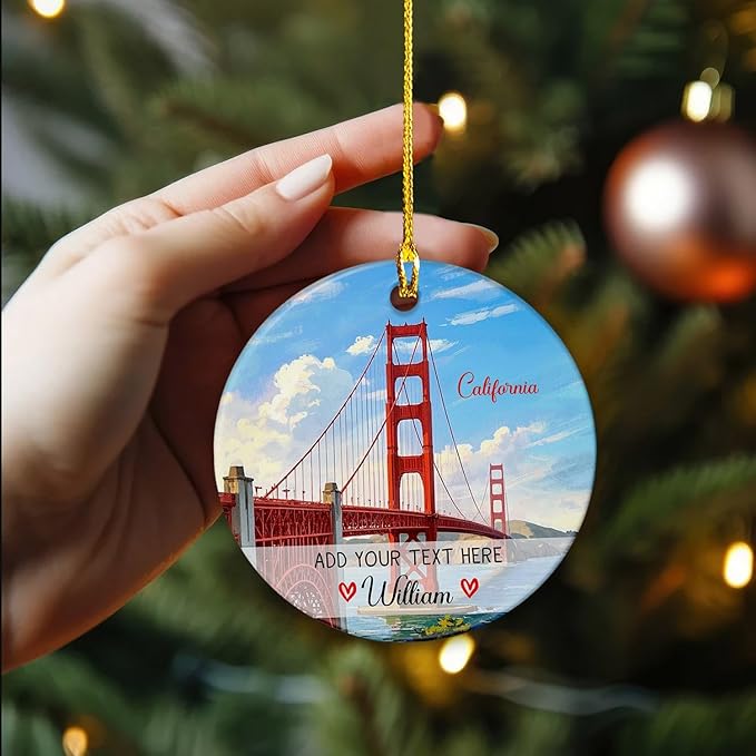 Personalized Golden Gate Bridge San Francisco Ceramic Ornament Christmas Tree 2025, USA Golden Gate Bridge Xmas Ornament Gift for Travel Lovers, Custom Text/Name California Travel Souvenir Ornaments