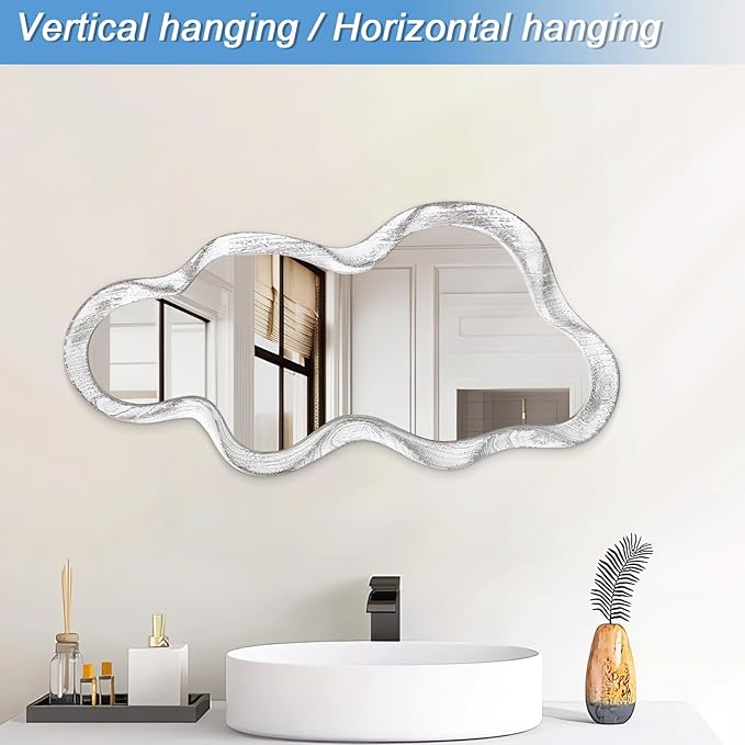 Asymmetrical Mirror Large Irregular Wall Mirror Modern Wood Frame Unique Artistic Mirrors Cute and Stylish Cloud Wavy Mirror Decorative for Cloakroom Bedroom Living Room Bathroom Entryway White