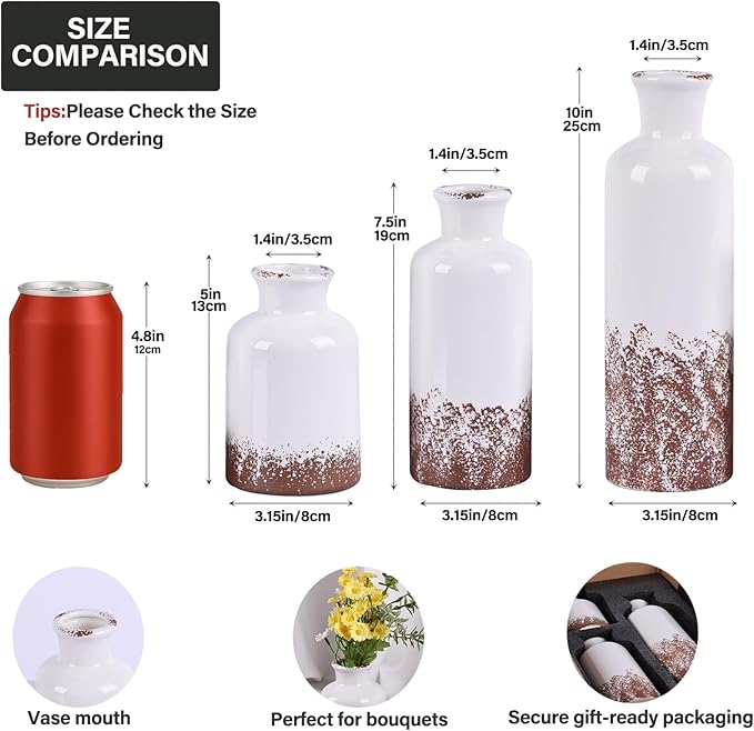 Gray Ceramic Farmhouse Vase Set of 3 – Rustic Small Vases, Vintage Country Style Decorative Vases for Flowers, Home Decor for Living Room, Table, Mantle, Fireplace & Entryway Centerpieces