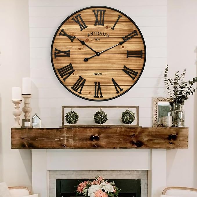 24 Inch Farmhouse Wall Clock - Antique Rustic Wood Finish, Silent Battery-Operated Timepiece with Stylish Decor for Home, Office, Kitchen, Bedroom & Living Room