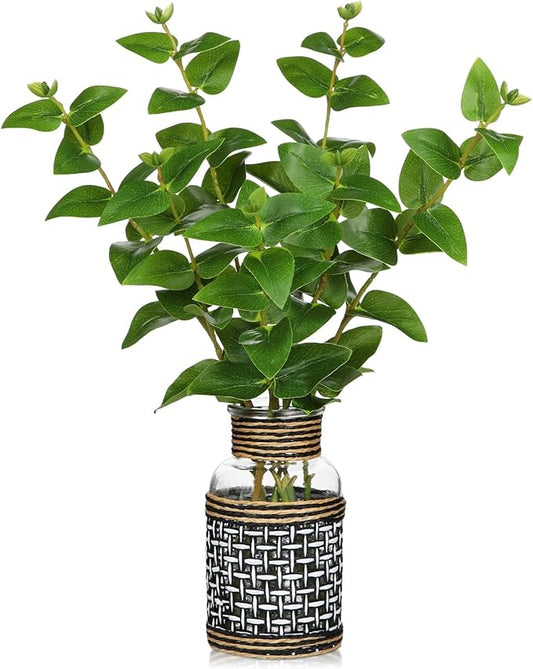 Artificial Eucalyptus Stems in Glass Vase with Faux Water, 14” Realistic Eucalyptus Leaves Fake Plant Branch Greenery Decoration for Home Farmhouse Bathroom Kitchen Wedding Centerpiece Table Décor