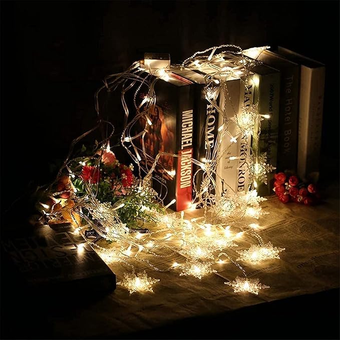 String Lights LED Curtain Light, 96 LED Fairy Hanging String Lights Waterproof Christmas Snowflake Lights with Wireless Control for Outside Indoor Bedroom Party Fence Patio - Warm White