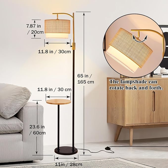 Dimmable Floor Lamp with Table and Marble Base, Arc Floor Lamp with Bulb, Boho Farmhouse Standing lamp with Fabric & Bamboo Shades for Living Room Bedroom