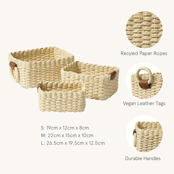LA JOLIE MUSE Small Beige Wicker Baskets for Organizing, Recycled Paper Rope Storage Basket Container Bins for Shelves Bathroom Cupboards Drawer, Decorative Square Basket Organizer Set of 3
