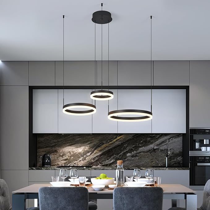 Modern Black Ring Chandelier LED Circle Geometric Pendant Light Dimmable 3 Rings Ceiling Light Fixtures High Ceiling Foyer Chandelier for Living Room Dining Room Bedroom