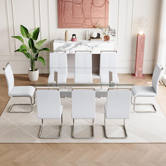 9 Piece Glass Dining Table Set, Kitchen Table Chairs Set for 8, 71'' Dining Table with 0.4" Tempered Glass Tabletop with Plated Metal Legs and MDF Crossbar, 8 PU Chairs for Dining Room, Kitchen.