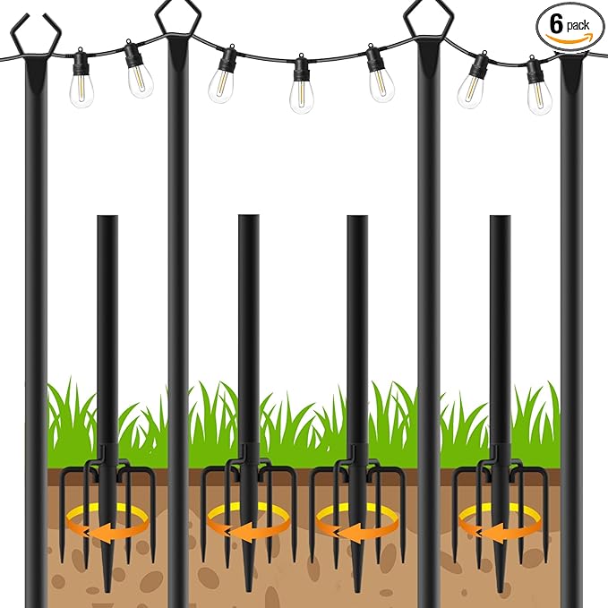 4 Pack String Light Poles, Outdoor String Light Pole 10ft Forked Metal Light Pole with Adjustable Outdoor Light Stand, Deck, Backyard, Garden, Wedding, Rustproof and Sturdy with Hooks