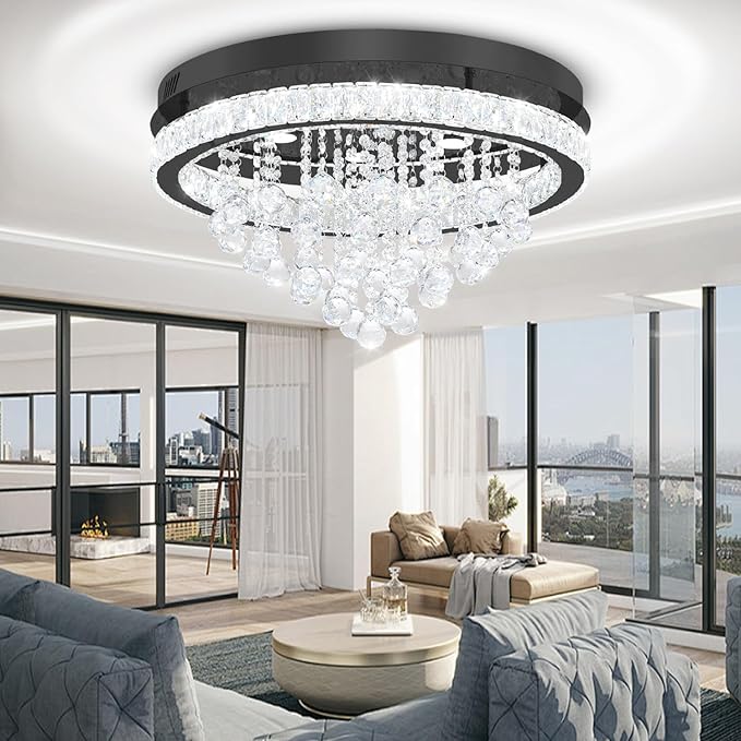 24" Modern Crystal Chandeliers for Dining Room Black Ceiling Chandelier Flush Mount Crystal Ceiling Light for Bedroom Living Room Hallway