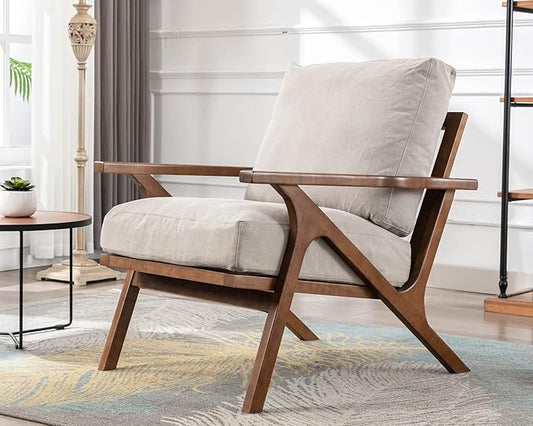 HNY Mid Century Chair, Faux Leather Upholstered Accent Armchair with Wood Frame and Canvas Cushions, Leisure Reading Chair Slipper Chair for Living Room, Bedroom, Beige