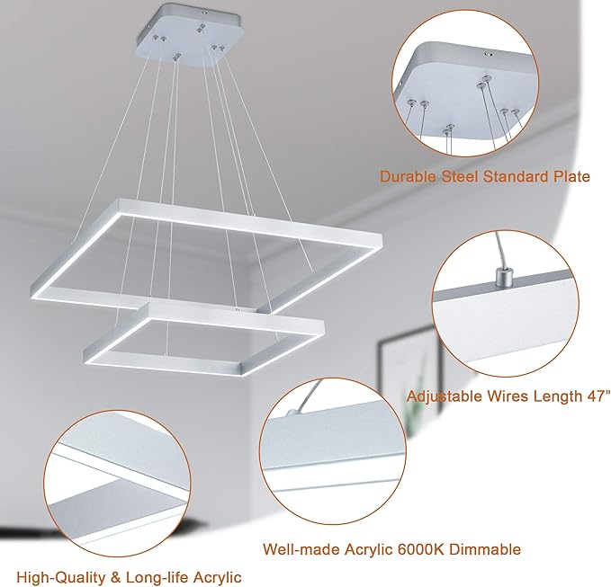 Led Chandelier 2 Layers Modern Pendant Light Dimmable 6000K Cool Whit Light Adjustable Chandelier Ceiling Light Fixture for Living Room Bedroom Kitchen Dining Room 72W 110V (Silver)