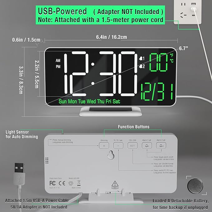 KOSUMOSU Digital Clock for Bedroom, 6.7" Desk Clock LED with Day of Week, Auto Dimming,Indoor Temperature, Clocks for Living Room, Alarm Clocks for Bedrooms