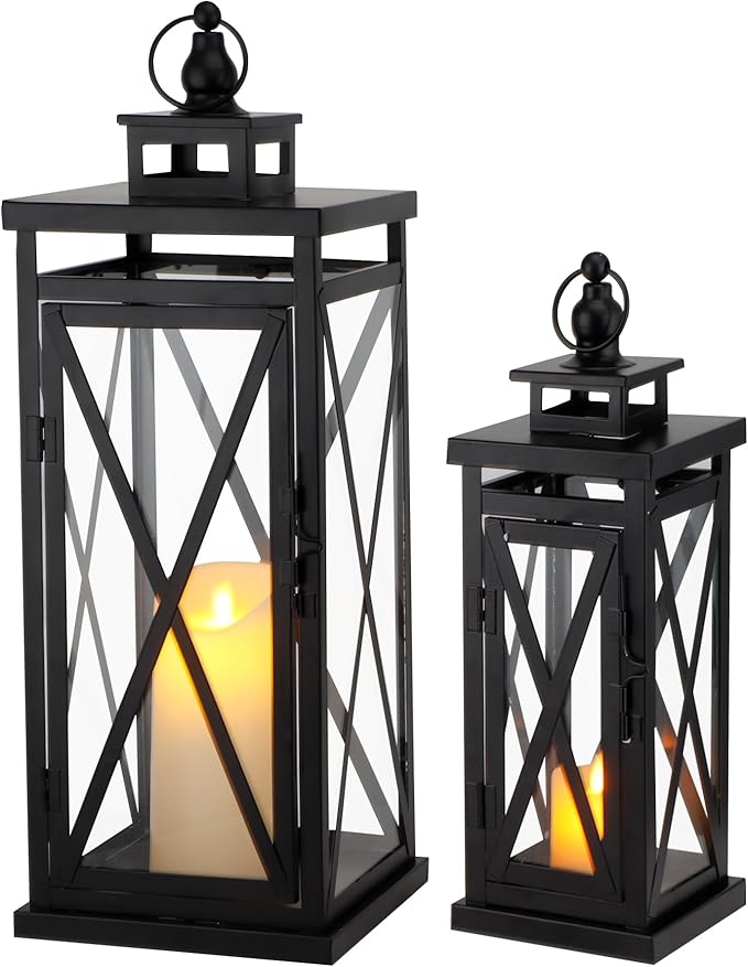 TRIROCKS Set of 2 Deacorative Candle Lantern 20'' & 11'' High Metal Candle Holder Hanging Lanterns with Tempered Glass Perfect for Indoor Outdoor Home Decor Parties Garden Events Wedding (Black)