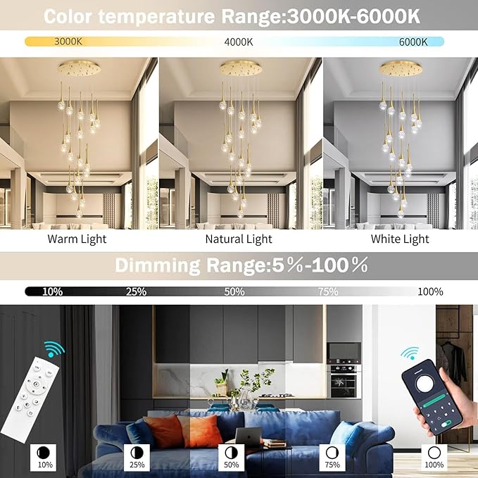 18 Light Modern Glam Crystal Chandelier for High Ceiling LED Dimmable Ceiling Pendant Light Staircase Foyer Enterway Living Room Chandelier Lighting Antique Gold