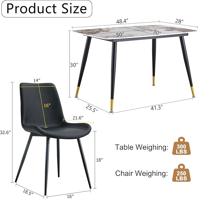 Modern Granite Dining Table Set for 4, 50" Sintered Stone Table and 4 Black PU Leather Chairs