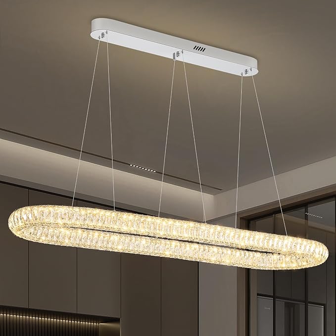 Oval Crystal Chandelier, 55'' Chrome Crystal Ring Pendant Light for Kitchen Island Modern Linear Oval Chandeliers for Dining Room Dimmable 3000K-6000K