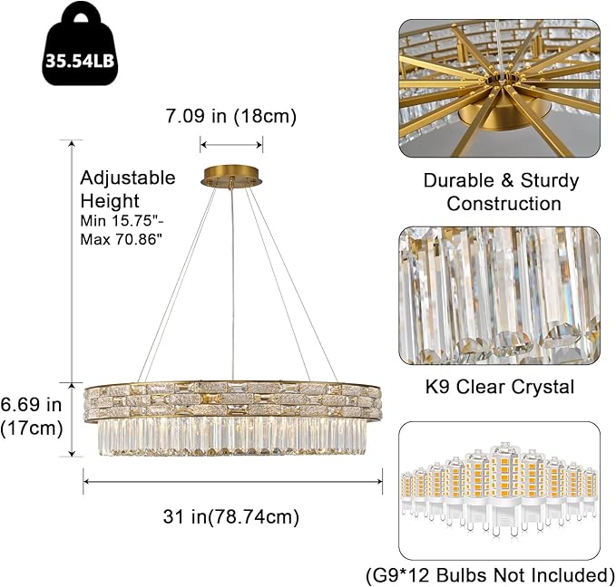 Crystal Chandelier, 31" 12-Light Large Chandelier for Living Room, Round Gold Chandeliers for Bedroom, High Ceiling Chandeliers, Foyer Lighting Fixtures Hanging Lights Dimmable