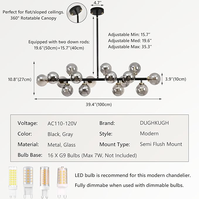 Mid Century Modern Chandelier, 39in 16-Lights Bubble Chandelier Glass Globe Pendant Light Linear Sputnik Chandeliers Light Fixtures for Dining Room, Kitchen Island