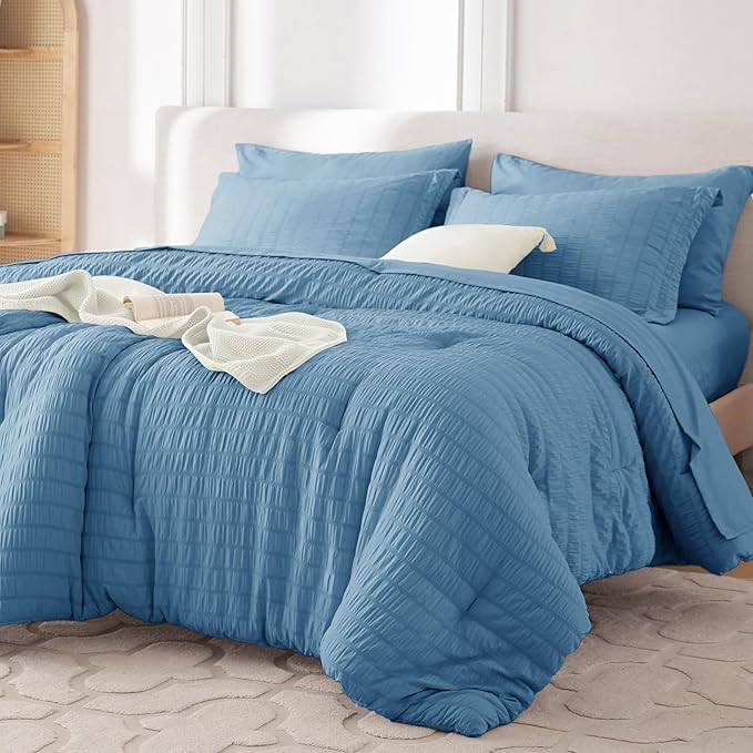 MUXHOMO 7 Pieces King Comforter Set, Seersucker Bed in a Bag King Size, All Season Luxury Bedding Set with Comforter, Flat Sheet, Fitted Sheet, Pillowcases & Shams, Mineral Blue