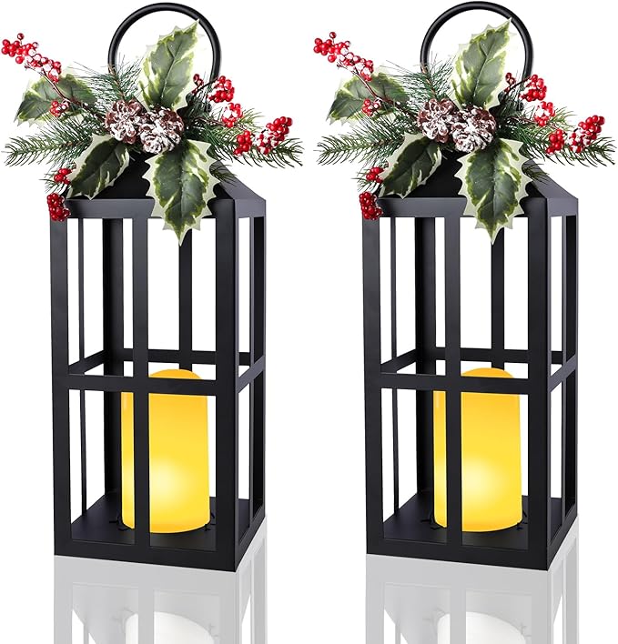 Bdor 2 Pack Christmas Lantern Decoration with LED Flameless Candle, Pinecones & Holly Berries, Holiday Tabletop or Porch Decor, Battery Operated Christmas Lighting
